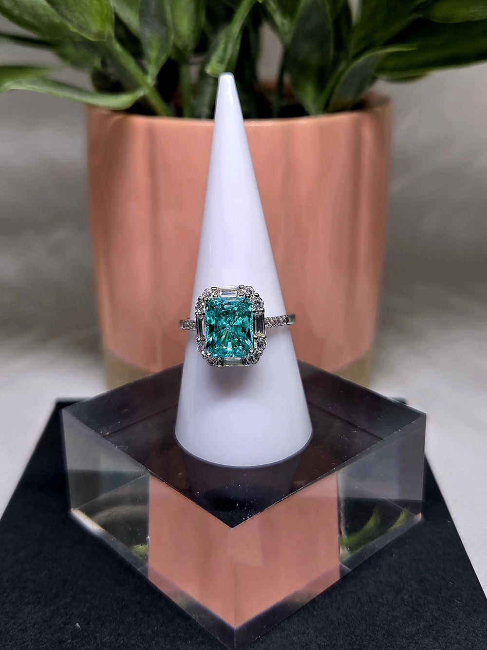 Vibrant Green Emerald-Cut Halo Ring in Silver
